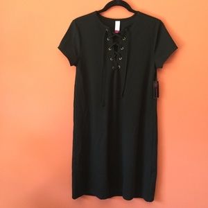 Black Lace Up Neckline Dress
